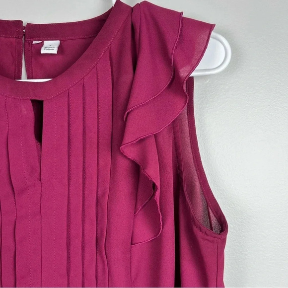 Deep Burgundy Office Workwear Ruffle Sleeveless Shirt, Size Small by Elle - Picture 5 of 10